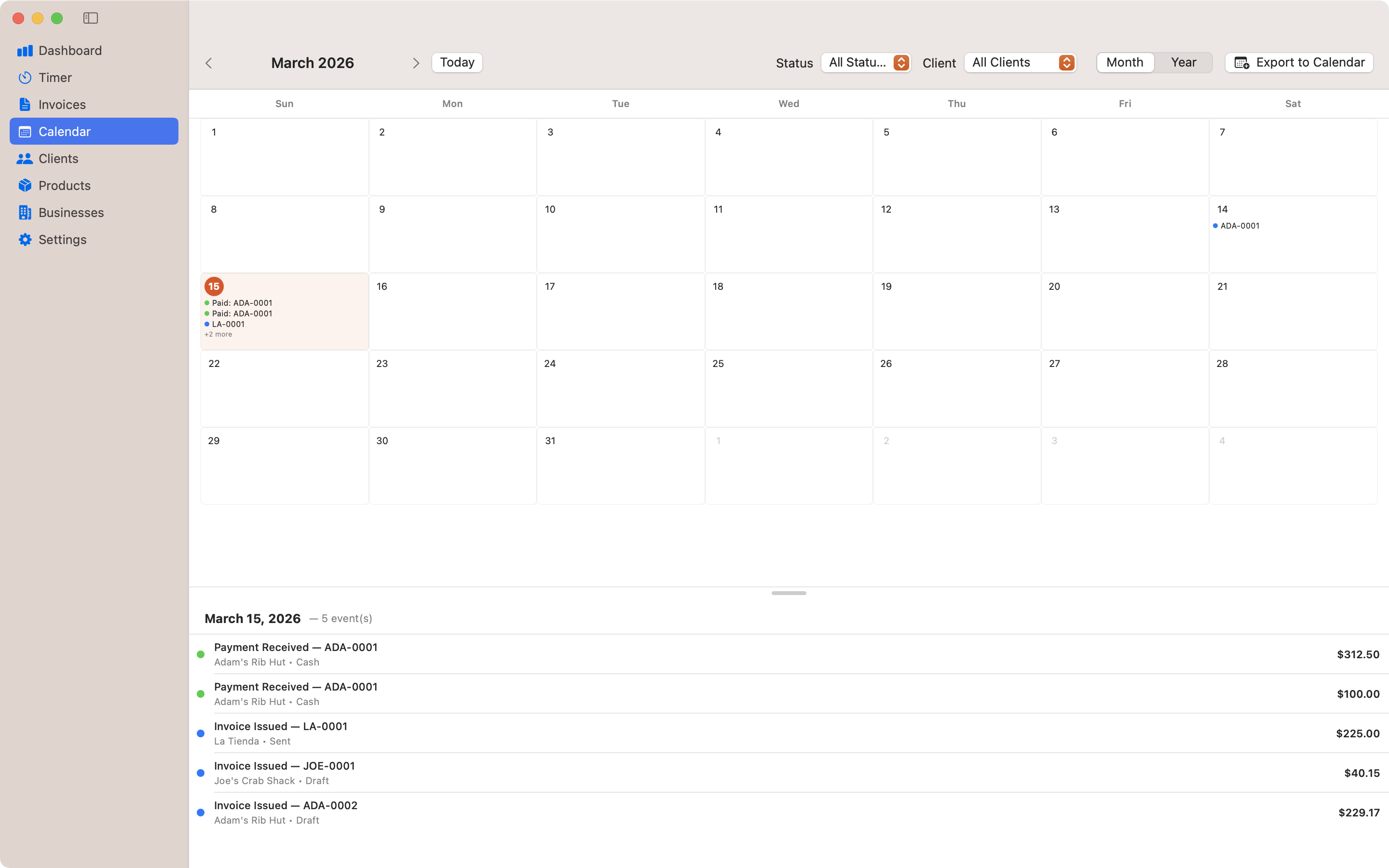 Contando Pollos calendar view showing invoice due dates and payment schedules