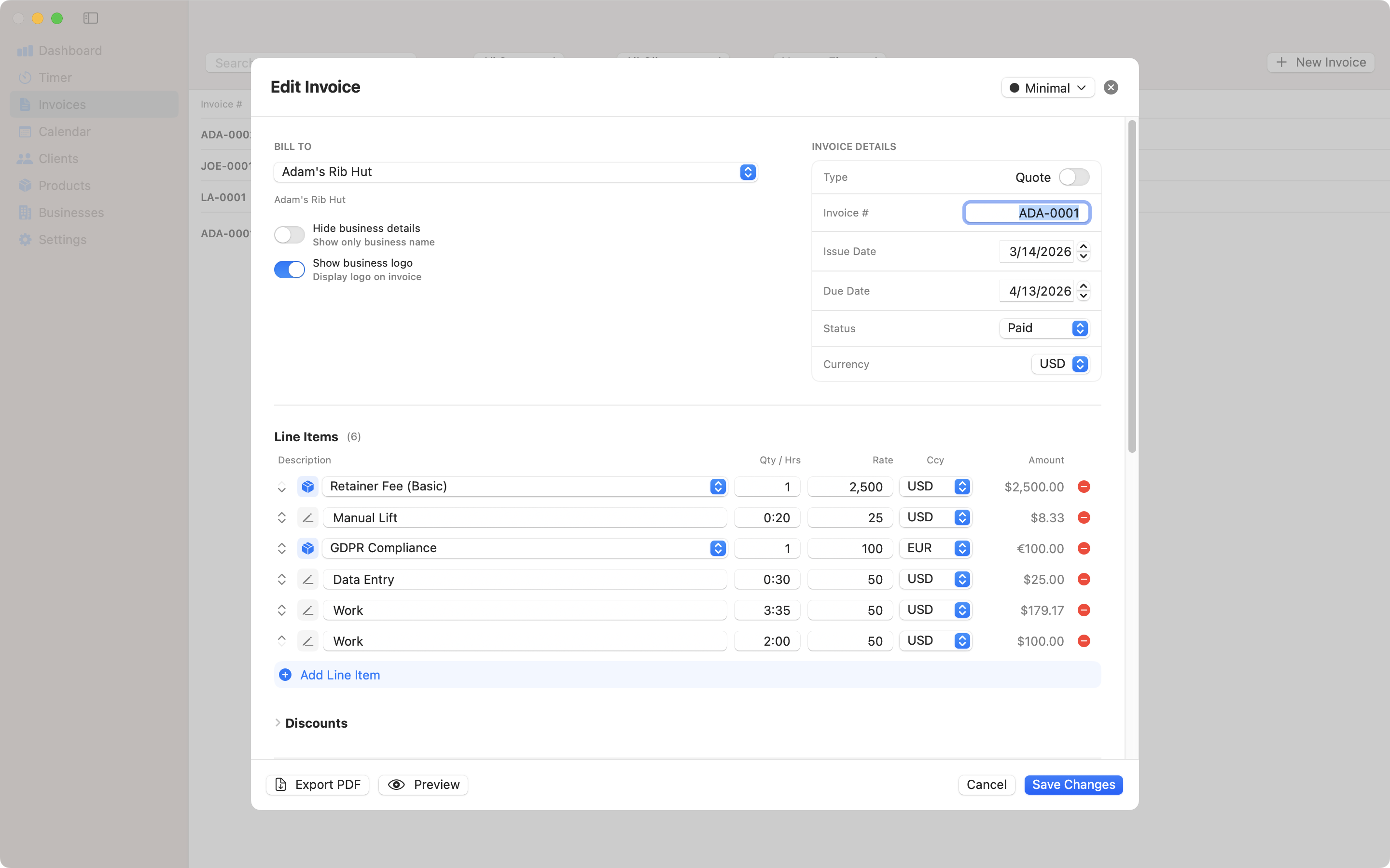 Contando Pollos invoice editor with line items, taxes, and custom messages