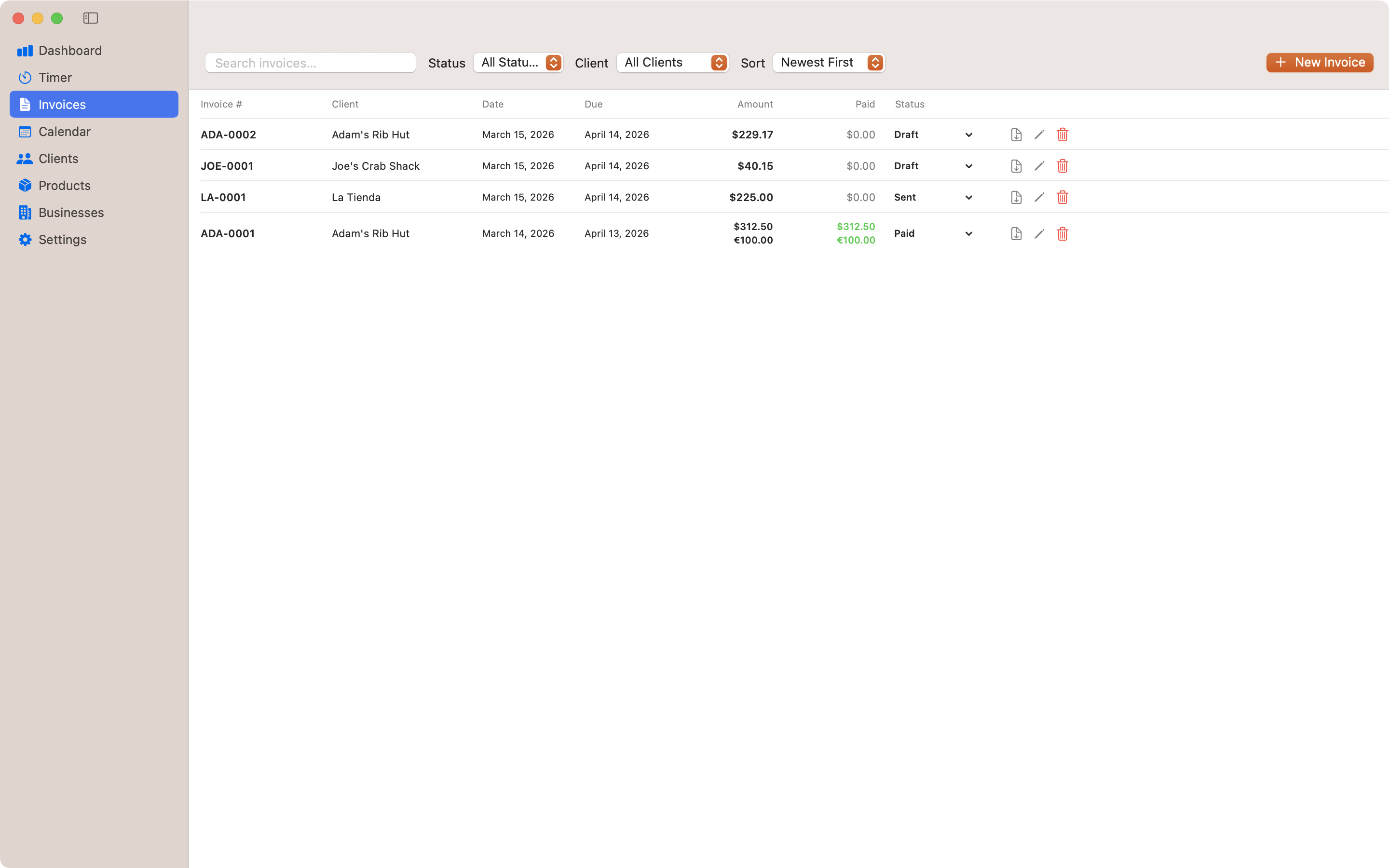 Contando Pollos invoice list view with status filters and search