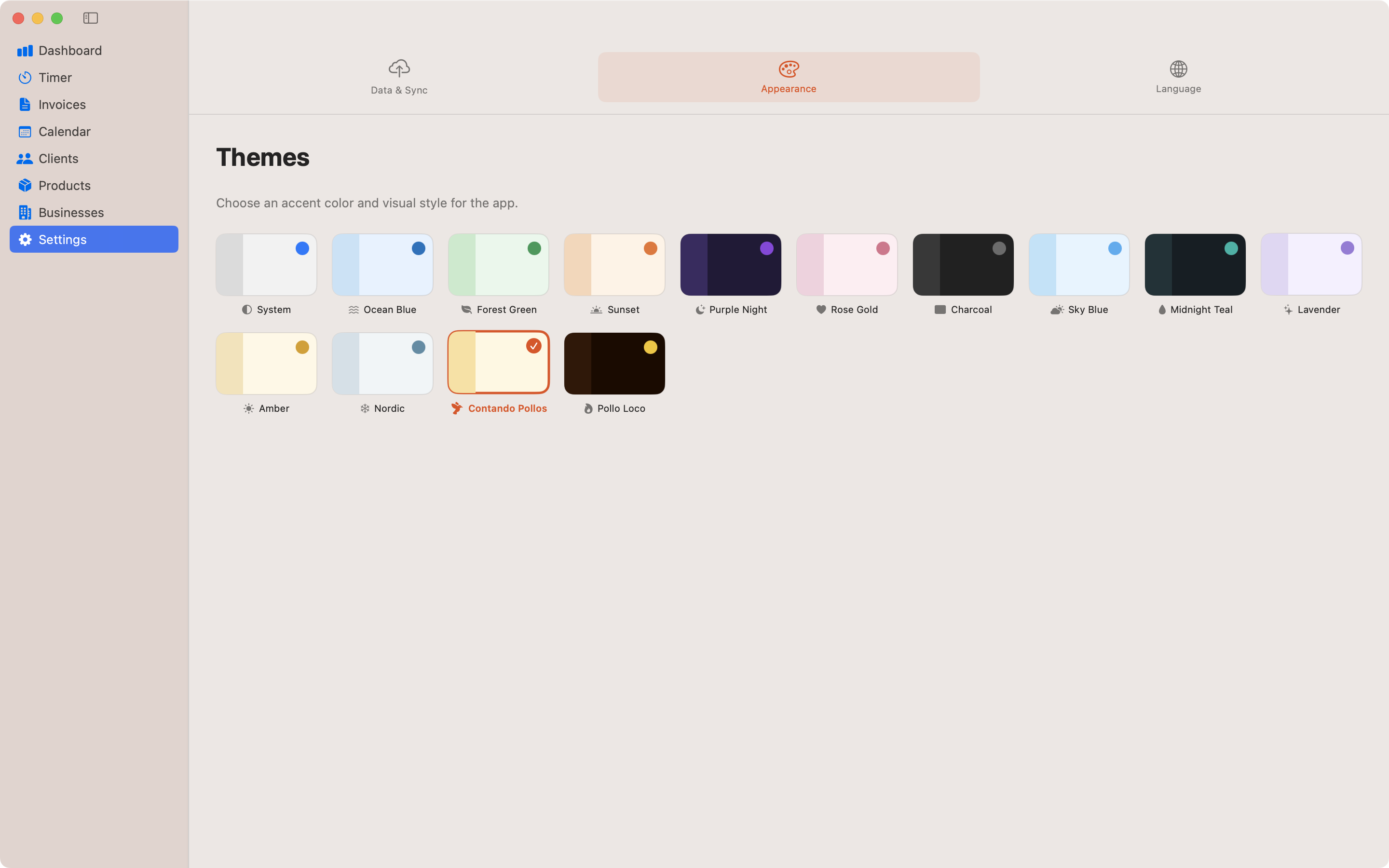 Contando Pollos theme customization with multiple color schemes