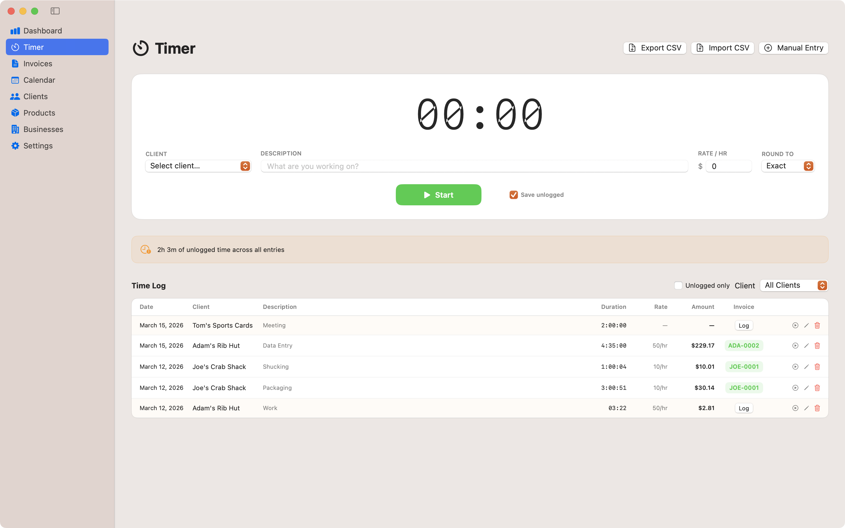 Contando Pollos built-in time tracker with session logs for billable hours